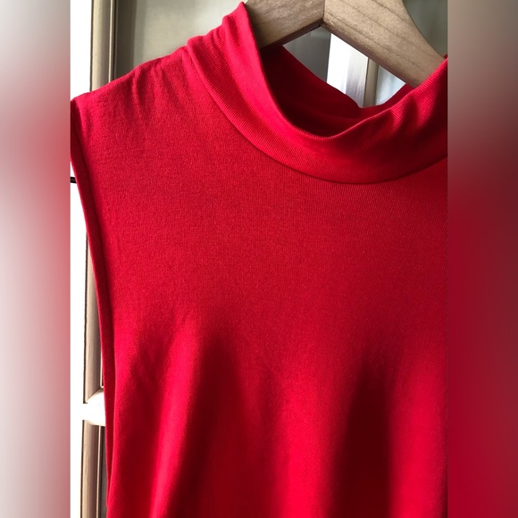 Women's Solid Mock Neck Sleeveless Ruched Bodycon Dress in red - Picture 7 of 9